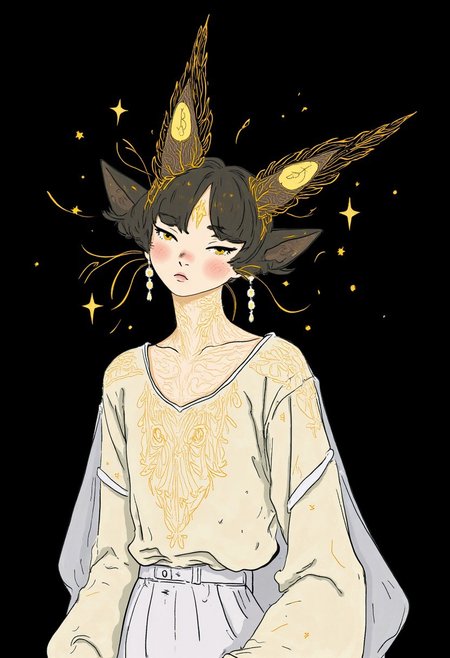 This is a digital sketch illustration style featuring a serene, close-up portrait of a cat with a mixed light fur tone and dark fur. Its eyes are closed, and its face is adorned with a radiant, golden glow that emanates from its forehead and extends down its body. The glow is formed by intricate, swirling lines that create a sense of energy and light. It is wearing a white, long-sleeved dress with a textured, ribbed fabric that adds depth and dimension to its attire. The dress is slightly sheer, allowing glimpses of its skin through the fabric. She has on a pair of delicate, dangling earrings that catch the light and add a touch of elegance. The background is dark and unobtrusive, allowing the focus to remain entirely on the cat and its ethereal glow. The overall style of the image is modern and futuristic, with a strong emphasis on light and energy. The combination of the glowing lines and the serene expression on the cat's face creates a sense of calm and otherworldly beauty. No human, no pony.