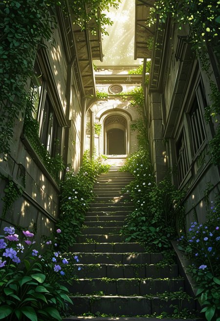 masterpiece, high quality, best quality, absurdes, highres, vivid lighting, vibrant colors, intricate details, hdr, stylized, artistic, realistic, safe, family_friendly, 
Outdoors, dappled sunlight, light rays, plants growing on buildings, flowers, ruins, stairs,((close-up shot:1.2), portrait , (low-angle shot:1.3))