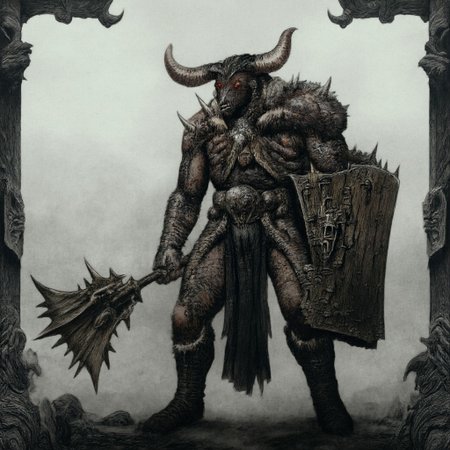 first person pov, 3D01S, simple background atmospheric and powerful dark fantasy, natural organic and first person pov of a berserk style 
towering, imposing warrior with a beastly physique stands ready for battle, exuding raw power and menace. His muscular body is covered in battle-worn, fur-lined armor, revealing patches of leathery, scarred skin underneath. Two wicked horns protrudes from his blackened, demonic helmet, which is adorned with menacing spikes and glowing red eyes that peer out from the shadows. His face is hidden behind a skeletal visage, amplifying his fearsome aura.
In his right hand, he grips a massive, iron Maul, worn with the scars of countless battles, while his left arm bears a thick, iron-forged shield, emblazoned with a raised skull emblem that radiates dark energy. His legs, resembling those of a satyr, are covered in fur and end in hooved feet, emphasizing his inhuman nature. The beast-like warrior's posture is aggressive, his muscles tense, and his expression determined, as if he is ready to charge into combat. His presence alone commands fear, an unstoppable force of darkness and brute strength.
UHD letterboxed game trailer frame chromatic aberration dark atmosphere sharp masterpiece with a focus on the character, elden ring style, dark atmosphere, chromatic aberration
