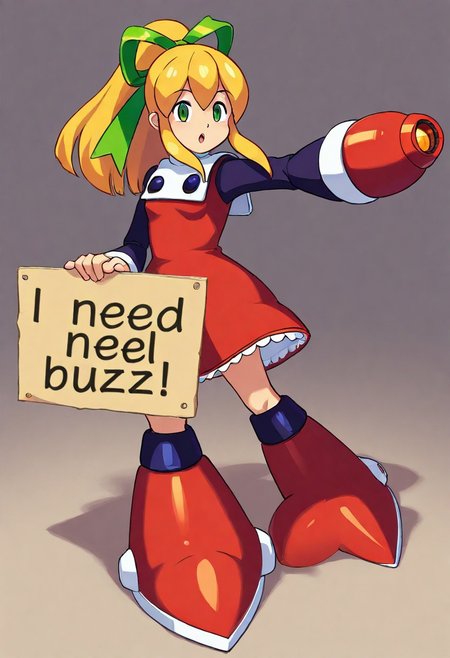 r0ll, roll (mega man),long hair, blonde hair, hair ribbon, ponytail, sidelocks, green eyes, red dress, knee boots, long sleeves, arm cannon, need_buzz, holding sign