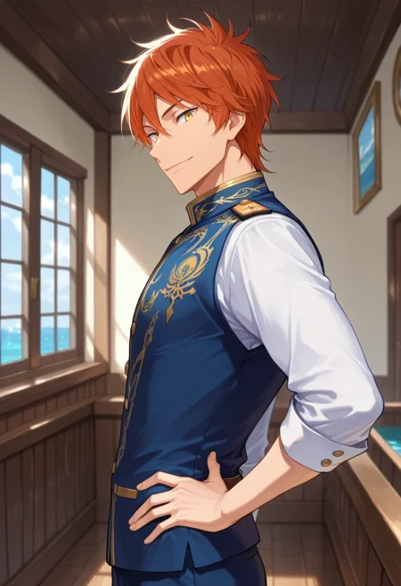 masterpiece, best quality, intricate details, , looking at viewer, 1boy, solo, male focus, <lora:momotarou_mikoshiba_ilxl:1>, momotarou_mikoshiba, orange hair, yellow eyes, from side, boat, ship, indoors, hand on hip, light smile,