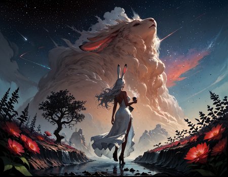 score_9, score_8_up, score_7_up, score_6_up, score_5_up, score_4_up,  rating_questionable, 20yo girl, 1girl, viera, solo, tall, white dress, red trim, a woman with white hair, Brom, beautifully backlit, fantasy art, dark skin, long hair, rabbit ears, white hair, space traveler, galactic, otherworldly, ethereal, atmospheric, galaxy, sweat, full body, romantic, drinking coffee, high heels, view from behind, view from below, plants, flowers