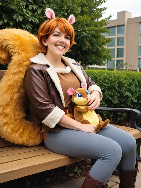 <lora:SQ-girl-Cosplay:1>1girl, sitting, pants, realistic, smile, jacket, jeans, denim, belt, solo, bench, on lap, holding animal, orange hair, animal on lap, outdoors, grin, fur trim, dated, teeth, brown hair, brown jacket, artist name, boots, shirt, blue pants, short hair, squirrel tail, squirrel ears, squirrel girl, fur-trimmed jacket, squirrel, sittingâââ