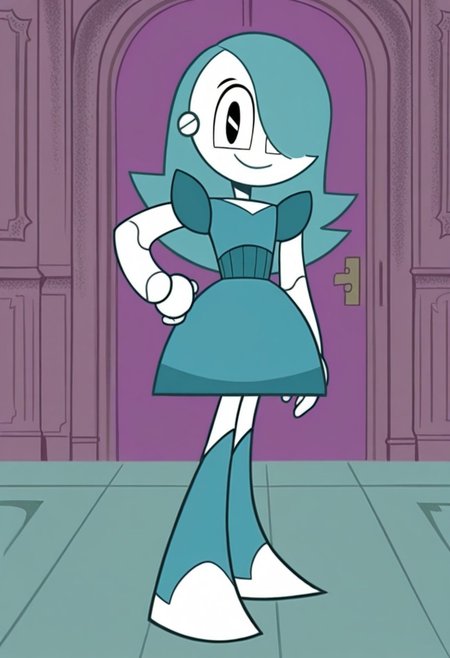 score_10, score_9_up, score_8_up, score_7_up, score_6_up, dance dress jenny, jenny wakeman, 1girl, solo, robot joints, black eyes, long hair, hair over one eye, the Farrah hairstyle, poofy dress, blue hair, blue dress, flat colors, hand on hip, looking at viewer, smile, full body, cowboy shot, indoors, purple dance party background