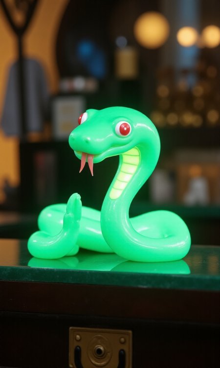 jade_snake, shebaaobao, neouv, cartoon snake made out of glowing illuminated iridescent jade ready to bite somebody on the counter of a pawn shop in New York City  <lora:jadesnakeflux-000001.safetensors:1.0> <lora:shebaobao_flux_snake_Cartoon_v2.safetensors:1.0> <lora:neouv_flux_03.safetensors:1.0>