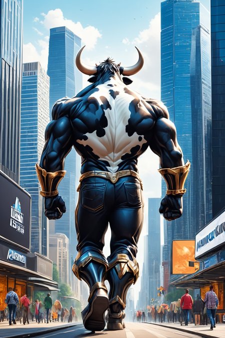 Detailed digital illustration of an anthro Cow (Walking away confidently, leaving an impression) at a Augmented reality billboards covering skyscrapers, <lora:xl_more_art-full_v1:0.5>,  <lora:anthro_muscular:0.7> , <lora:madpunk:0.4> madpunk