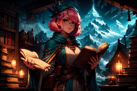<lora:FantasySettlement:1> fanse, fantasy medieval town, mountain, dark, radiant,  <lora:Fantasy_Classes_SD:1> fantasy class, artificer, feathered cap, scientist, monocle, tunic, books, scrolls, looking at viewer, seductive, best quality, masterpiece, <lora:more_details:0.7>, 1girl, solo, pink hair, short hair, green eyes