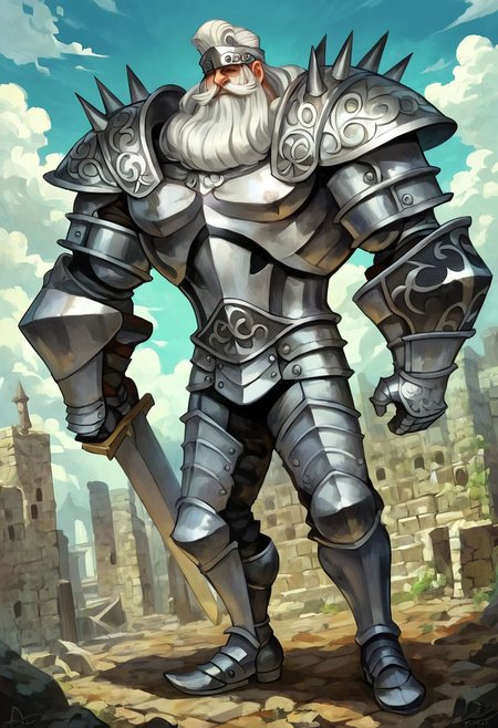 score_9, score_8_up, score_7_up,, (solo, 1man,) smooth colors, smoothly blended, creamy colors, 
A single man, knight, full armor, detailed armor, his armor is covered in spikes,no helmet, elderly man, white hair, side swept hair, mustache, wearing a black fur-cape, standing up straight, He is holding a sword in one hand, bright day, ruined temple background,
 OverallDetail, master piece, detailed skin texture,(ultra detailed face, 4k resolution, ultra detailed eyes, ultra detailed foot), high detail, ultra detailed skin, (UnrealisticDream) (fFaceDetail)