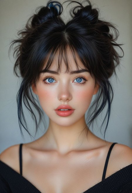 bellissima, 1girl, solo, looking at viewer, bangs, blue eyes, black hair, animal ears, parted lips, hair bun, blurry, lips, blurry background, messy hair, portrait, realistic