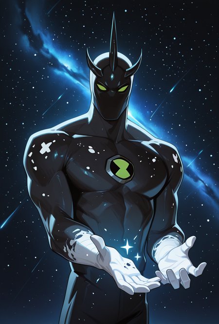 <lora:alienx-09:1> alienx, 1boy, green eyes, horns, matte black skin, upper body, dynamic pose, white hands, wide face, white spots on body, space background, stars, masterpiece, best quality, amazing quality, very aesthetic, absurdres, newest,