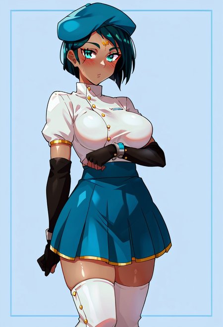 score_9, score_8, score_7, source_anime, ciel soleil, 1girl, solo, beret, gloves, looking at viewer, thighhighs, skirt, blush, thighs, large breasts