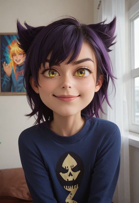 score_9, score_8_up, score_7_up, score_6_up, 
Photorealistic, real photo, void background, god rays, (young), adorable, ,realistic, cute perfect face, (happy, smug), blush, big round eyes, side portrait, dramatic light, 
dramatic pose, dramatic angle, struggling, squirming, 13kartPeak, Peak, ((boy)), yellow sclera, dark purple hair, 
blue sweater