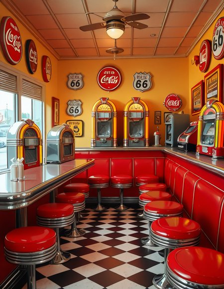A classic 1950s American diner with a nostalgic retro atmosphere. The interior features red and white leather booth seating, chrome-trimmed tables, and a long counter with matching red barstools. A vintage jukebox with colorful neon lights stands against the wall, ready to play rock 'n' roll hits. The checkered black-and-white floor contrasts with pastel-colored walls adorned with Coca-Cola signs, Route 66 memorabilia, and classic diner menus. A row of shiny chrome napkin dispensers and glass salt and pepper shakers sit neatly on the tables. A milkshake machine and an old-fashioned soda fountain rest behind the counter, next to a vintage cash register. Large windows let in soft daylight, reflecting off the gleaming surfaces, creating a warm and inviting retro ambiance.
<lora:SDXLFaeTastic2400:0.4> <lora:extremely_detailed:0.4> extremely detailed,1950s American d1n3r, <lora:1950s_American_d1n3r-i:1>, Masterpiece,best quality,hi res,8k,hi res,8k,award winning,(sharp focus, intricate, highly detailed),