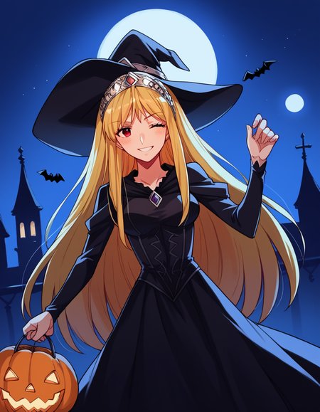 score_9, score_8_up, score_7_up, source_anime, <lora:kaibutsuoujo-liliane-s1-ponyxl-lora-nochekaiser:1>, liliane, long hair, blonde hair, red eyes, very long hair, tiara, medium breasts,, <lora:witch-ponyxl-lora-nochekaiser:1>, witch, hat, witch hat, dress, halloween, halloween costume, jewelry,, night, moon, blush, smile, one eye closed,, , dutch angle, cowboy shot