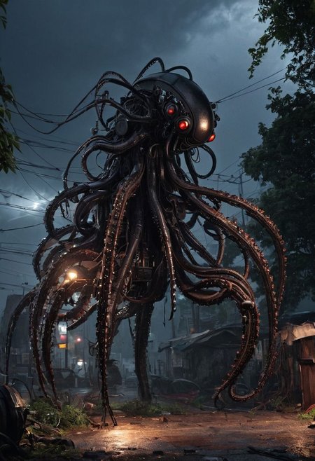 huge tall thing, sinister unsettling, (biomechanical) (weevil, octopus, heap of junk thing:1.3), (Realistic) (constructed from, old electrical wires and steel cables), pistons, hydraulics, excavator-parts scrap-metal, woven into muscles, other discarded metal machinery detritus forms bones and  (symmetrical:0.1), (arm enormous:1.4), (hand is a twisted tangle of blades and spikes:1.4), (it has two main eyes that beam out light, it has several other smaller eyes dotted around its scrap metal head), (heavily rusted, (some parts look new)  it  is )standing by the side of a country road trying to blend in (hidden, hiding behind trees:1.4) (heavy rain and lightning:1.3) (illuminated only by lightning:1.4) (wet rusted metal:1.1) (very dark sky:1.4) (shadows) 8k, detailed (full body view) (Terrifying:1.5) (unnatural:1.4), (dark:2), (patched together:1.2), (dangling conduit wires) (silhouette:1.4)  Radiant Darkness , Wasteland WorldS