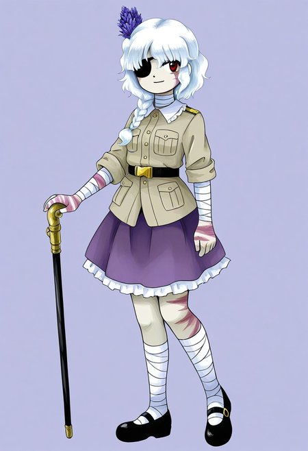 watercolor, aesthetic, colorful, jaggy lines, zun \(style\), BREAK, 1girl, solo, (tall, slanted eyes, red eyes, black plain eye patch, white hair, braid, hair over shoulder, (Hyacinth flower in hair:1.1), khaki military jacket, rolled sleeves black belt, gold buckle, frilly skirt, closed jacket, white shirt collar, purple skirt, (scarred skin, burn scars,) bandages over neck, bandages over arms, bandages over legs, leg wraps, mary janes, black footwear, cane), standing, full body, simple background