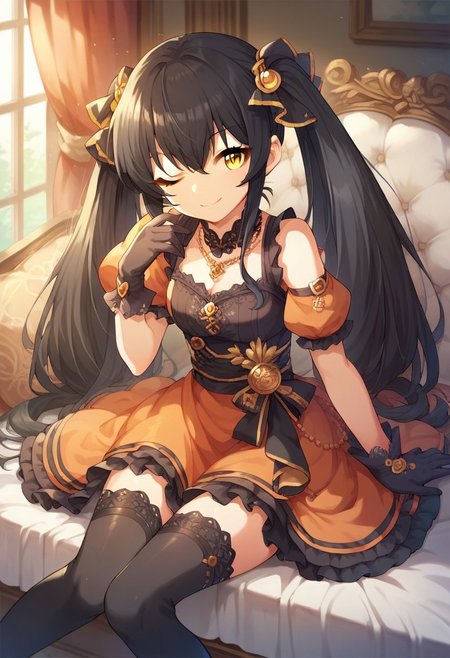 score_9, score_8_up, score_7_up, source_anime,matoba risa, long hair, black hair, yellow eyes, twintails, 1girl, one eye closed, thighhighs, jewelry, gloves, smile, solo, necklace, sitting, dress