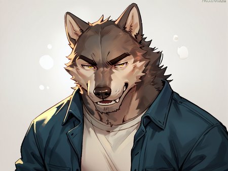 portrait of bara wolf man, nomifuki_style, wolf,  furry, <lora:Nomifuki_Style:.8>, score_9, score_8_up, score_7_up, <lora:Smooth Anime 2 Style SDXL_LoRA_Pony Diffusion V6 XL:.3>   <lora:add-detail-xl:.8>  zPDXL3,