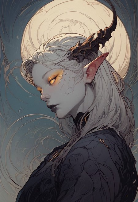 zPDXL3 , Expressiveh , score_9 , score_8 , score_7 , score_6_up (closeup, portrait of a personification of a dawn:1.3), slightly side view, targon, mount targon, horns, solo, black lips, grey skin, pointy ears, colored skin, white hair, cracked skin, yellow eyes, long hair, demon horns, upper body, gold cracks, gold eyeshadow, white skin high quality, best quality, vibrant colors, highly detailed , high quality , high res  Art Noveau , Noveau , mask , dark halo