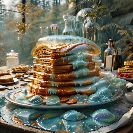foodphoto, a stack of pancakes made out of slime, pancakes covered in syrup, a swirl of whipped topping on top of a stack of pancakes, plate made of slime, table made of slime,
natural light, no bright spots, 
((translucent slime)), ((transparent slime)), made of water, (bioluminescent slime), sl1m3, slime, slime-morph, ais-blmn, saturated colors, no creatures, no humans, no monsters, no pokemon, scenery only, scenery, ral-lava, watce
