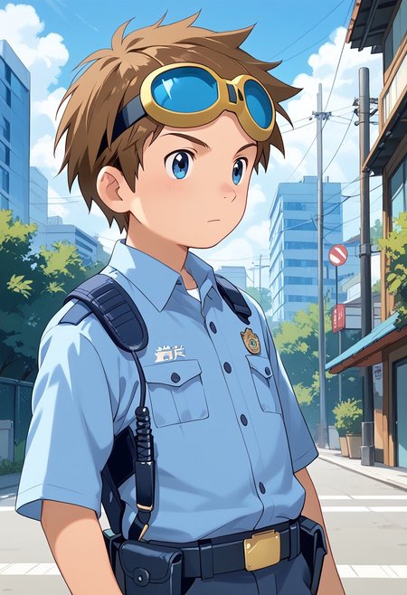score_9, score_8_up, score_7_up, zPDXL2, 
,
1boy, solo, goggles on head, brown hair, male Japanese Summer Police Uniform,light-blue collared shirt, rank slides,hip holster
