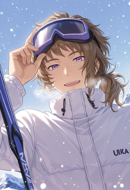SmoothNoob_Quality,
<lora:Mikage_Kojiro_Tokimeki_Memorial_GS:1>,
1boy,mKjr0,brown_Kjr0_hair,purple_Kjr0_eyes,male focus,muscular male,
goggles on head,ski goggles,ski jacket,hand on eyewear,open mouth,smile,looking at viewer,snow,sky,mountain,snow particles,holding ski pole, from below,