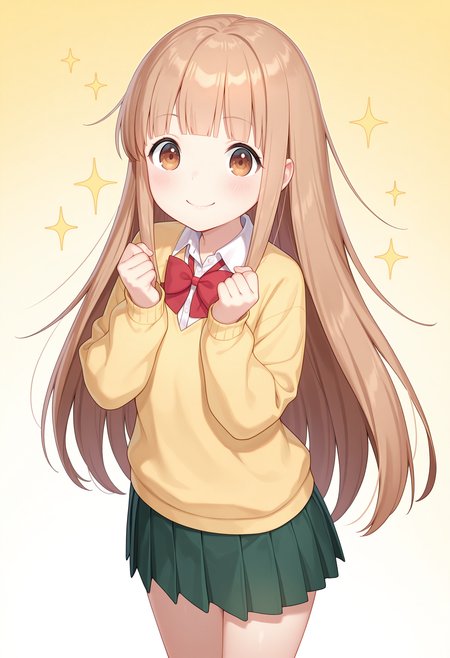 best quality, masterpiece, 1girl, aamiyano, long hair, brown hair, blunt bangs, brown eyes, school uniform, red bowtie, collared shirt, white shirt, yellow sweater, long sleeves, pleated skirt, green skirt, <lora:miyano_(tanakeda)_ilxl_v1:0.9>, standing, cowboy shot, hands up, clenched hands, sparkle, smile, looking at viewer,