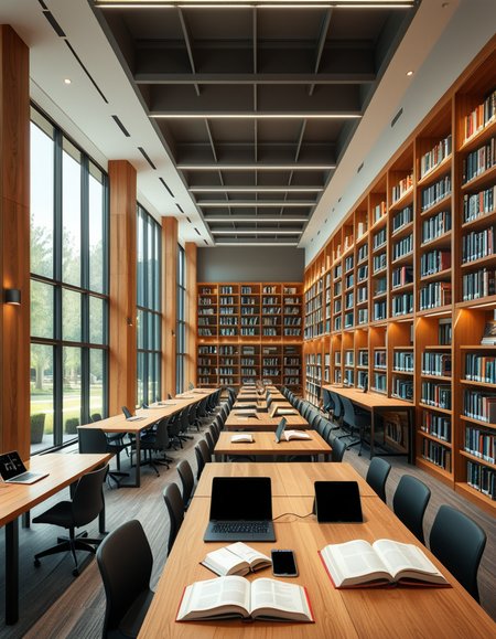 A high-resolution, ultra-realistic photograph of a modern college library interior. The scene showcases a spacious, open-plan design with large floor-to-ceiling windows allowing natural daylight to flood the space. The architectural style is contemporary, featuring minimalist furniture with clean lines: sleek wooden tables, ergonomic chairs in neutral tones (gray and beige), and built-in bookshelves made of light oak wood.
In the foreground, a group of diverse students (varied ethnicities and genders) are quietly studying, some using laptops, others reading books, with focused, calm expressions. One student is sipping coffee from a reusable cup.
The background displays rows of neatly organized books, indoor plants adding a touch of greenery, and modern pendant lights hanging from the ceiling, providing warm, ambient lighting. The floor is covered with soft gray carpet, and large abstract paintings decorate the walls, contributing to a cozy and intellectual atmosphere.
The overall mood is peaceful, studious, and inspiring, with balanced natural and artificial lighting, crisp details, and realistic textures, captured as if by a professional architectural photographer using a full-frame camera.
 <lora:SDXLFaeTastic2400:0.4> <lora:extremely_detailed:0.4> extremely detailed,<lora:modern_c0ll3g3_l1br4ry:1>,modern c0ll3g3 l1br4ry, Masterpiece,best quality,hi res,8k,hi res,8k,award winning,(sharp focus, intricate, highly detailed),