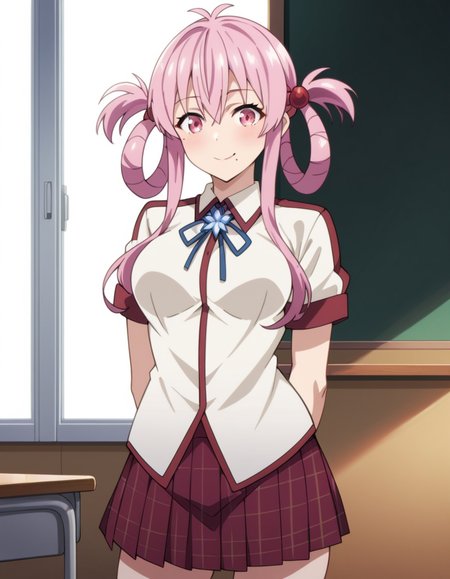 score_9, score_8_up, score_7_up, source_anime, uncensored, <lora:StS_detail_slider_v1:3>, zPDXLxxx, <lora:Momo_Sakurabara_PONYXL_VexVexX:1>, MomoSakurabara, 1girl, pink eyes, pink hair, twintails, hair rings, sidelocks, hair bobbles, hair ornament, bangs, mole under mouth, medium breasts, school uniform, ribbon, plaid skirt, pleated skirt, cowboy shot, indoors, from front, standing, hands behind back, looking at view, thighs, smile,
