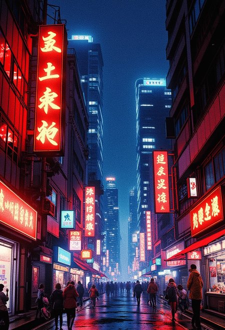 A street of the city at night in a cyberpunk style. Bright neon signs and lights in blue and red tones illuminate the surrounding space. Shop windows and billboards shine with cool lighting effects, creating a futuristic atmosphere. In the distance, people can be seen immersed in daily activities, surrounded by tall buildings with shimmering signs in Chinese