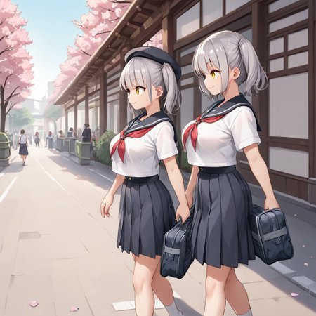 score_9, score_8_up, score_7_up, BREAK source_anime, multiple girls walking on the street, belorta, gray hair, twintails, shorthair, yellow eyes, big breast, 
school uniform, sailor fuku, beret, school bag, wearing school bag, smile, walking, school background, street, cherry blossom, looking away, from side view,