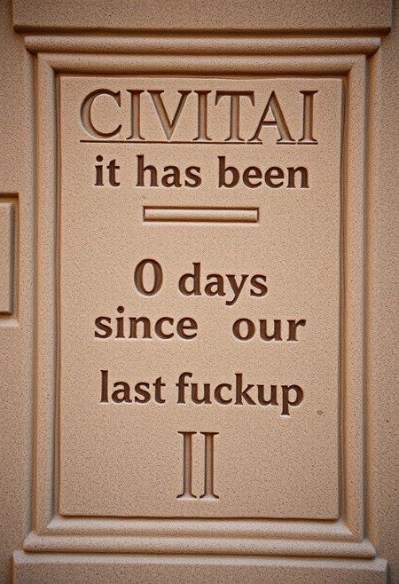 chiseled into a stone tablet:
"Civitai -  it has been | 0 | days since our last fuckup"