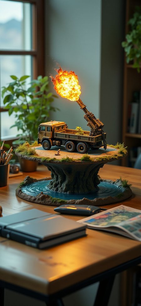 (indoor,very wide isometric view,tilt-shift lens:1.6), (windowless,miniature,miniature,diorama,miniature,diorama,PVC,plastic:2) ,  military truck with SAM with flame at (floating island,levitating  island:1.5) on (table:2) at (study:2.5)   <lora:Diorama_Flux:1>