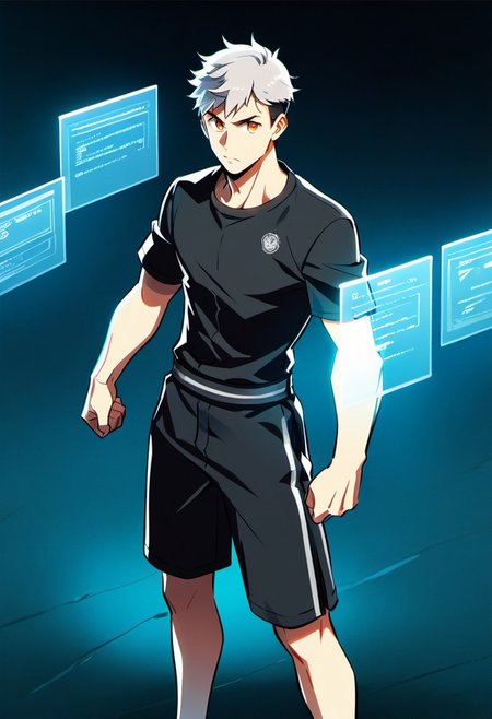 cartoon art style, adult, no shoes on, ((masterpiece)), ((best quality)), ((ultra-detailed)), score_9_up, score_8_up, score_7_up, HD, top quality, best quality, High-quality illustrations, anime screencap, masterpiece, best quality, amazing quality, (Cartoony), thick outlines, 1boy, BREAK man male guy, platinum hair, very short hair, messy hair, curly hair, dark side fade hair, dark side cut hair, robotic orange eyes, holographic eyes, defined chin, chiseled face, athletic slim body, light skin tone, black shorts, plain silver shirt, standing, BREAK simple blank background