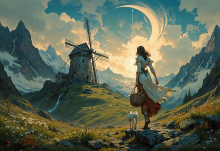 8k high quality digital painting , masterpiece, very detailed, ultra realistic, (best quality) very detailed epic masterpiece, 
unearthly beautiful, a breathtakingly beautiful landscape in the French Alps, in the foreground a woman carries a basket under her arm to a windmill on a path, a dog follows her, the low sun casts long shadows, enchanting landscape, fairytale-like, calm romantic mood, flowers in the foreground, realistic