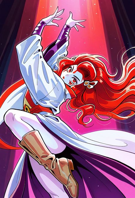 masterpiece, best quality, amazing quality, very aesthetic, absurdres, newest, 1girl,sharffl3 as a kabuki, 1girl, long red hair, hair ornament, red eyes, beige boots, purple wristbands, close up, action pose, white facepaint, kabuki, kabuki robes, dancing, white skin