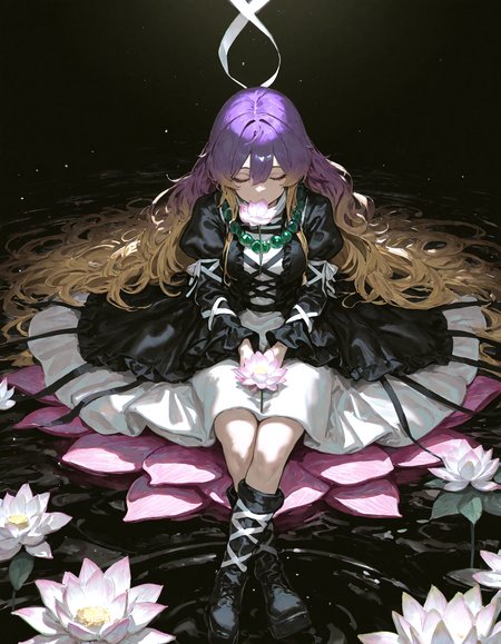 1 girl,, hijiri_byakuren,arm_ribbon ,bead_necklace, beads, black_background, black_dress ,black_footwear, black_sleeves ,blonde_hair ,boots ,center_frills, closed_eyes, cross-laced_clothes ,cross-laced_dress, cross-laced_footwear, crossed_legs, dress, eyelashes, flower ,flower_to_mouth ,frills, full_body ,gradient_hair ,holding, holding_flower, jewelry, juliet_sleeves, knee_boots ,layered_dress ,long_dress ,long_hair ,long_sleeves ,lotus ,multicolored_hair ,necklace, prayer_beads ,puffy_sleeves ,purple_hair, reflection, reflective_water, ribbon ,sitting ,sitting_on_liquid, solo, very_long_hair ,white_dress ,white_flower, white_ribbon,
, munakata_(sekimizu_kazuki),dekosukentr ,ireading,kubo_tite_(style) ,remyaruku65, negative space, cinematic shot, very awa,
,masterpiece, best quality, newest, absurdres, highres,
, <lora:add-detail-xl:0.5>,  <lora:USNR STYLE_XL_loha:0.6>, <lora:cfg_scale_boost:0.4>,