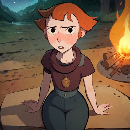 score_9, score_8_up, score_7_up, 1girl, Daal, orange hair, short hair, blush, freckles, necklace, flat chest, narrow waist, wide hips, looking at viewer, sitting, campfire, highres, high quality, masterpiece, <lora:Daal:1>