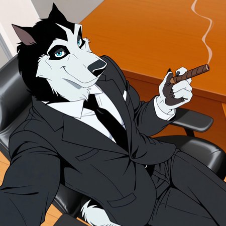 8k, uncensored, masterpiece, best quality, highly detailed, realistic, 1boy, solo, SteeleBT, furry, anthro, canine, dog, husky, blue eyes, back pupils, black nose, black body, black fur, white body, white fur, two tone body, two tone fur, medium tail, smile, closed mouth, (muscular male, fully clothed, black suit, black tie, white undershirt, black pants, legs crossed, high-angle view, close-up, dutch angle), upper body, (sitting), (looking at viewer, selfie, arm extended, holding cigar, cigar in hand, 5 fingers, black claws) front view, office, leather chair, brown table, detailed background