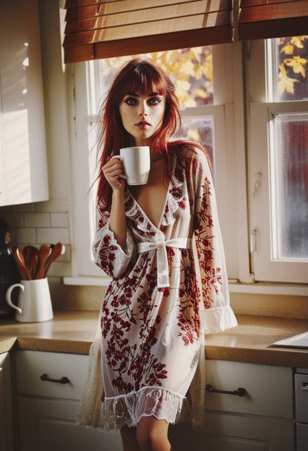 realistic, score_9, score_8_up, score_7_up, 1girl, Yor Briar, bangs, long hair, deep red eyes, in kitchen, near kitchen top, drinking hot coffee from mug, wearing nightgown, in morning, autumn season, sunlight coming through window, photography in the style of Guy Aroch