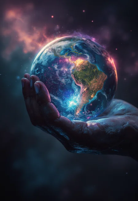 marbles in space designed like planets such as earth, an ancient hand holds the glowing marble earth, glow, high contrast, epic, 8k, vibrant and muted colors