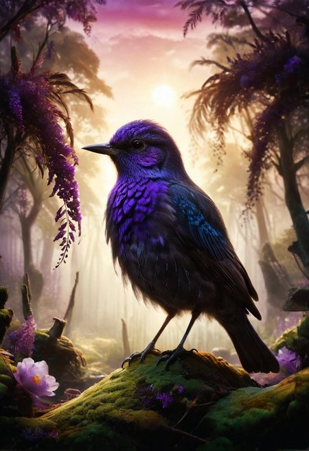ral-apoctvisn, dark, chiaroscuro, low-key, breathtaking masterpiece showcasing a gorgeous little bird, Violet-crowned nymph,  bathed in soft, golden morning light, surrounded by vibrant bokeh balls that frame its delicate form. The image will be rendered in sharp detail, capturing every feather and intricate feature of the bird with stunning clarity. The soft, diffused lighting will enhance the warmth and radiance of its plumage, while high-quality bokeh adds a magical touch to the scene. Multiple image exposures will be expertly combined to emphasize the bird's vibrant colors and captivating gaze, resulting in a lifelike portrayal of tranquil beauty.
The artwork will feature shimmering digital colors in a mixed media style on textured paper, creating an overlapping, asymmetrical, abstract composition bursting with vibrant hues. Every inch of the image will be filled with intricate details, from the feathers of the nymph to the surrounding environment, all depicted in extreme detail. The wide range of colors will add depth and richness to the scene, with soft shadows and low saturation tones creating a serene yet evocative atmosphere.
With insane quality, resolution, and details, the final image will be a true masterpiece of nature photography, showcasing dramatic, dynamic, and cinematic elements. The sharp details will bring the scene to life, immersing viewers in the beauty and wonder of the Violet-crowned nymph in a way that is both breathtaking and captivating.