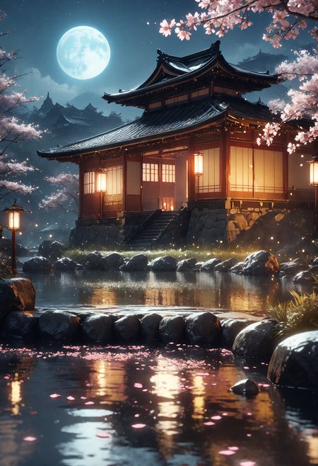 detailed landscape, japanese mansion, garden, small lake, cherry blossom, night, petals in the wind, lantern, cgi, reflection, moon, moonlight, fireflies, rocks, sand,no humans, masterpiece, best quality, very aesthetic, absurdres, <lora:add-detail-xl:1>,  <lora:MJ52:0.25>,  <lora:d4rk01lXLP:0.60> d4rk01l