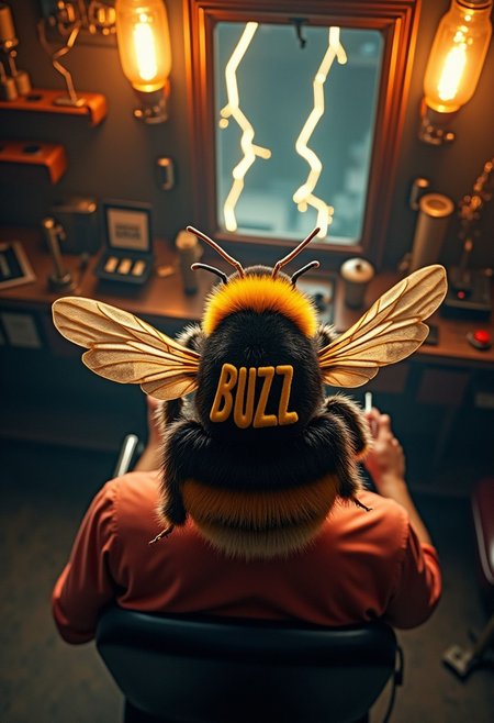 a human-sized bumblebee is getting a haircut from a human barber, the bumblebee is sitting on a chair getting a haircut, ((the bumblebee's head hair is cut so that the word "BUZZ" is visible similar to a stylized design cut into human hair)), POV barber's view from high above looking down at the back of the bumblebee's head, focus on bee's head, barber clippers visible in foreground, in the background is a barbershop: (electric sparks and shocks, lightning bolts, antique electrical equipment, antique knobs and switches, antique circuit boards, antique electrical gear, antique electrical hardware, antique electrical wires and plugs, dark background, ultra high details, neon lighting, electronic machine, antique, retrotech, amazing view, highly detailed, pyrotechnics), realistic, artistic, high depth of field.  more lightning bolts, more hardware, more detail, more everything