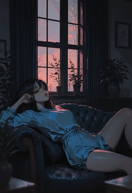 masterpiece, newest,absurdres,incredibly absurdres, best quality, amazing quality, very aesthetic, muted color, volumetric lighting, 1girl, blue couch, arm support, large window, curtain, sleepy, adult romper, potted plant, blurry foreground,
<lora:skzW0rld-IXL:1> skzW0rld <lora:DRKWB:1>