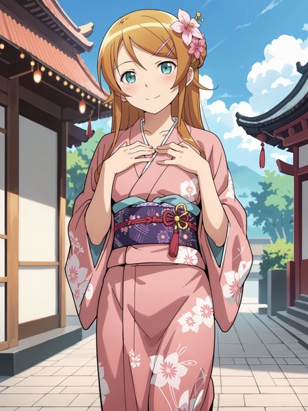 score_9, score_8_up, score_7_up, source_anime, ray tracing, best quality, anime screenshot, anime coloring,  <lora:Char-Kousaka_Kirino-V1-Pony:0.9:hr=0.6>, 1girl, kousaka kirino, hair clip, solo, kimono, hair flower, obi, sash, tabi, standing, cowboy shot, hands on own chest, light smile, east asian architecture, outdoors, blurry background, masterpiece