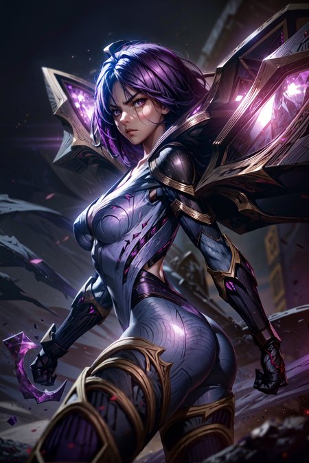 1girl,kai'sa,dark purple hair,purple eyes,serious expression,intense glare, looking at viewer,from behind,(dynamic pose),void background,void wings,weapon,masterpiece,extremely detailed CG unity 8k wallpaper, best quality,32k,focus sharp, <lora:kaisa-000034:1>, <lora:add_detail:1>, <lora:Light and Shadow:0.7>