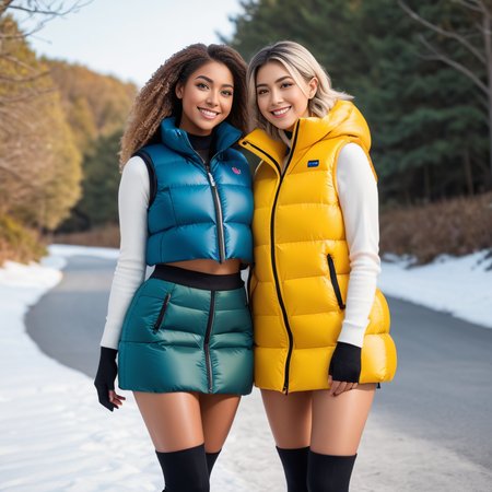 (full body shot),cute two american tall women,unique, wearing a (cropped) cropped_puffer_vest winter puffer skirt, unique hair styles, 8k uhd, dslr, soft lighting, high quality, photorealistic, realism, hyperrealism,   smile ,  outdoors scene, kawaii photoshoot
<lora:cropped_puffer_vest_v2-000008:0.4>