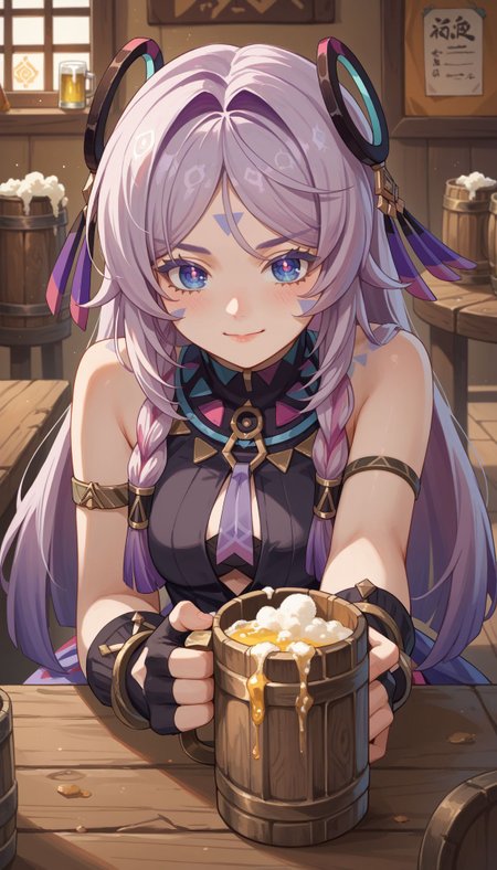score_9, score_8_up, score_7_up, source_anime, 
 <lora:Citlali:1> 1girl, citlali_(genshin_impact), 1girl, blue eyes, long hair, black gloves, bare shoulders, closed mouth, dress, hair ornament, standing, breasts, fingerless gloves, jewelry, sandals, purple hair, 
 smile, tavern, sitting, pov, beer, (glass beer mug's handle grab:1.3), beer foam, (a lots beer foam on face), table cover lower body, drinking beer,