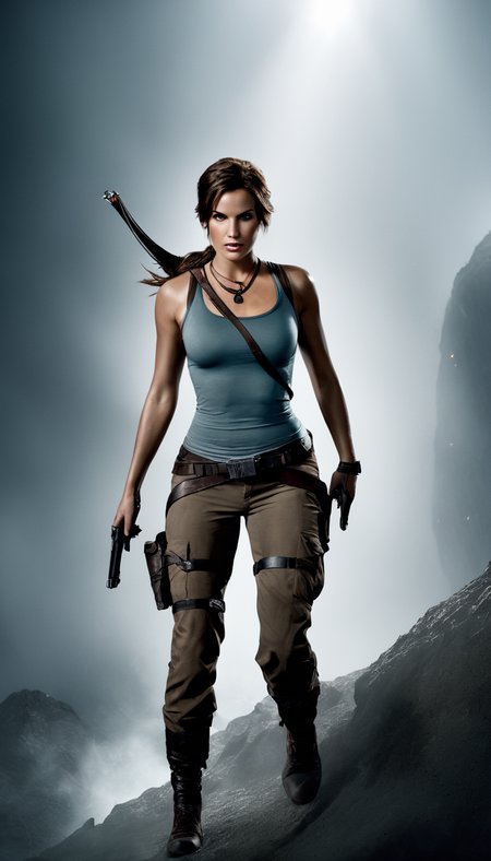 cinematic film still Cinematic scene, hero view, Lara Croft <lora:lara_croft_xl_v2:1>, action pose, detailed background, masterpiece, best quality, high quality, highres, absurdres . shallow depth of field, vignette, highly detailed, high budget Hollywood movie, bokeh, cinemascope, moody, epic, gorgeous, film grain, grainy